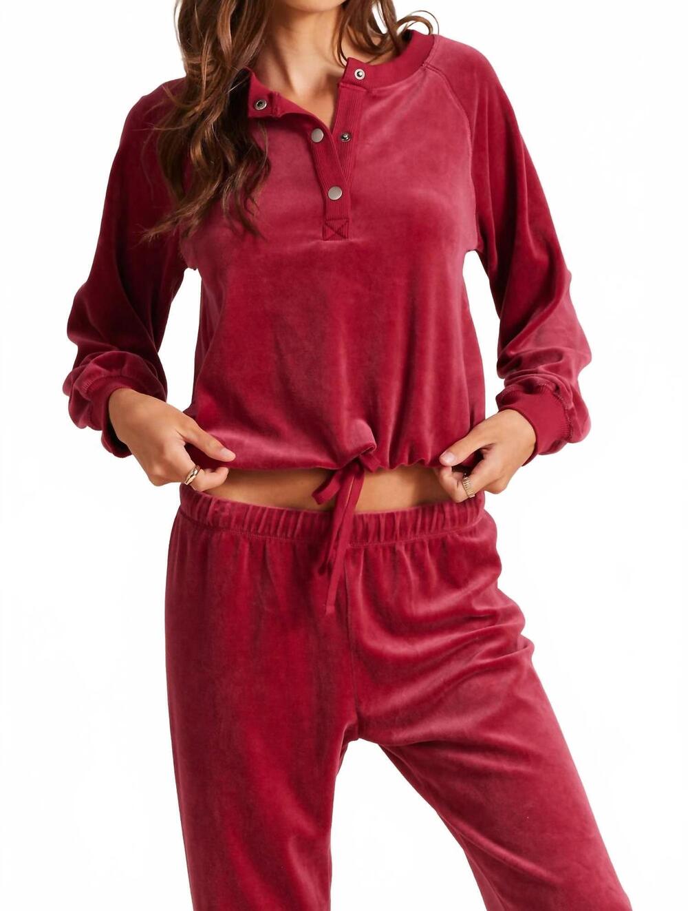NEW BOBI snap henley raglan tie hem top in black cherry